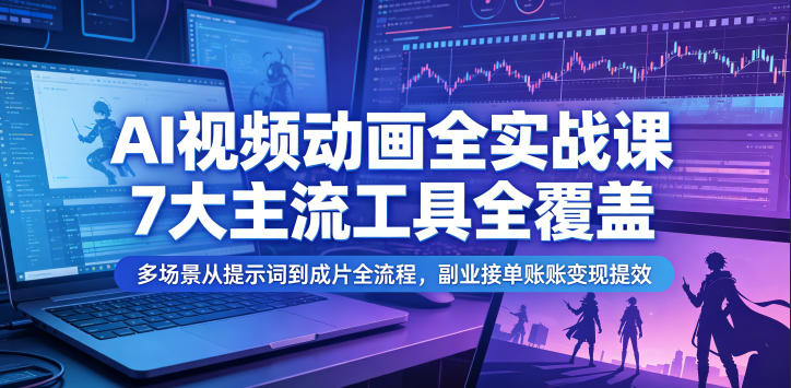 AI视频动画全实战课，7大主流工具全覆盖，多场景从提示词到成片全流程，副业接单账号变现提效-副业网创