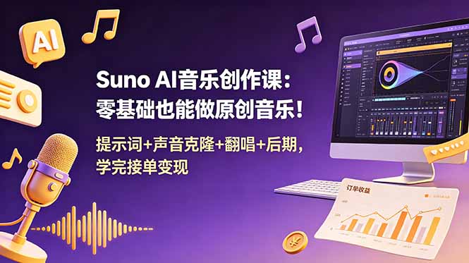 Suno AI音乐创作课：零基础也能做原创音乐！提示词+声音克隆+翻唱+后期，学完接单变现-副业网创