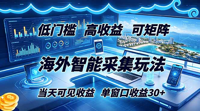 海外智能采集玩法,低门槛高单价可矩阵,当天可见收益,单窗口30+-副业网创