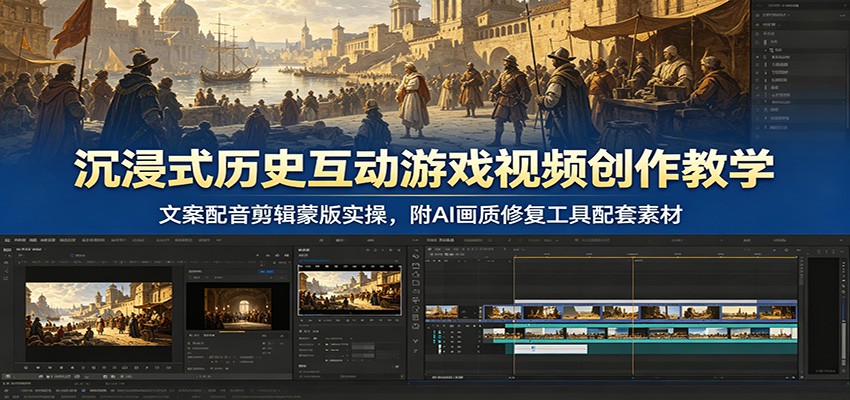 沉浸式历史互动游戏视频创作教学：文案配音剪辑蒙版实操，附AI画质修复工具配套素材-副业网创