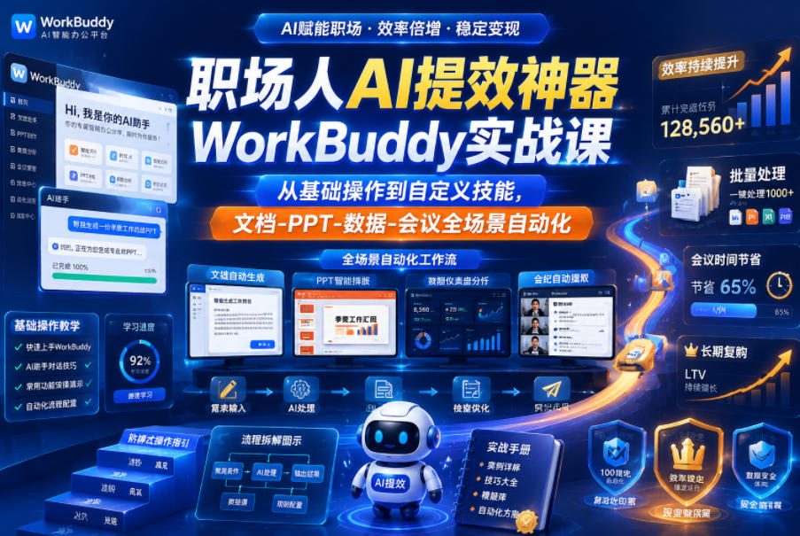 职场人AI提效神器WorkBuddy实战课，从基础操作到自定义技能，文档-PPT-数据-会议全场景自动化-副业网创