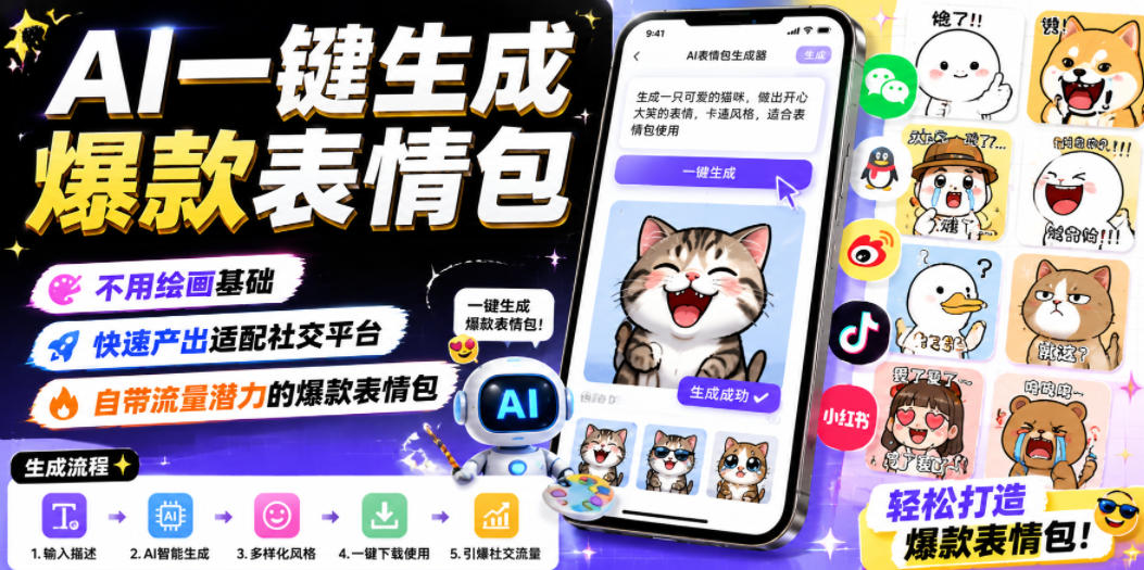 AI一键生成爆款表情包，不用绘画基础，快速产出适配社交平台，自带流量潜力的爆款表情包-副业网创