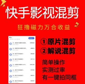 快手影视混剪项目，狂撸磁力万合收益，简单操作，实测过审，有一键拍同框，单日收益500+-副业网创