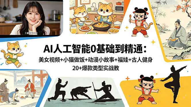 AI人工智能0基础到精通:美女视频+小猫做饭+动漫小故事+福娃+古人健身,20+爆款类型实战教学-副业网创