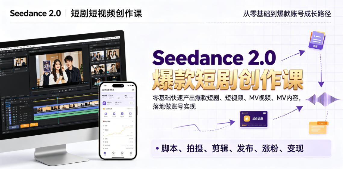 Seedance 2.0短剧短视频创作课，零基础快速产出爆款短剧、短视频、MV内容，落地做账号实现变现-副业网创