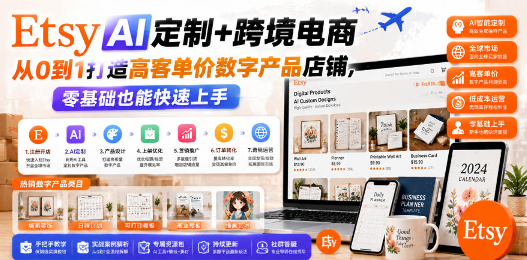 Etsy AI定制+跨境电商，从0到1打造高客单价数字产品店铺，零基础也能快速上手-副业网创