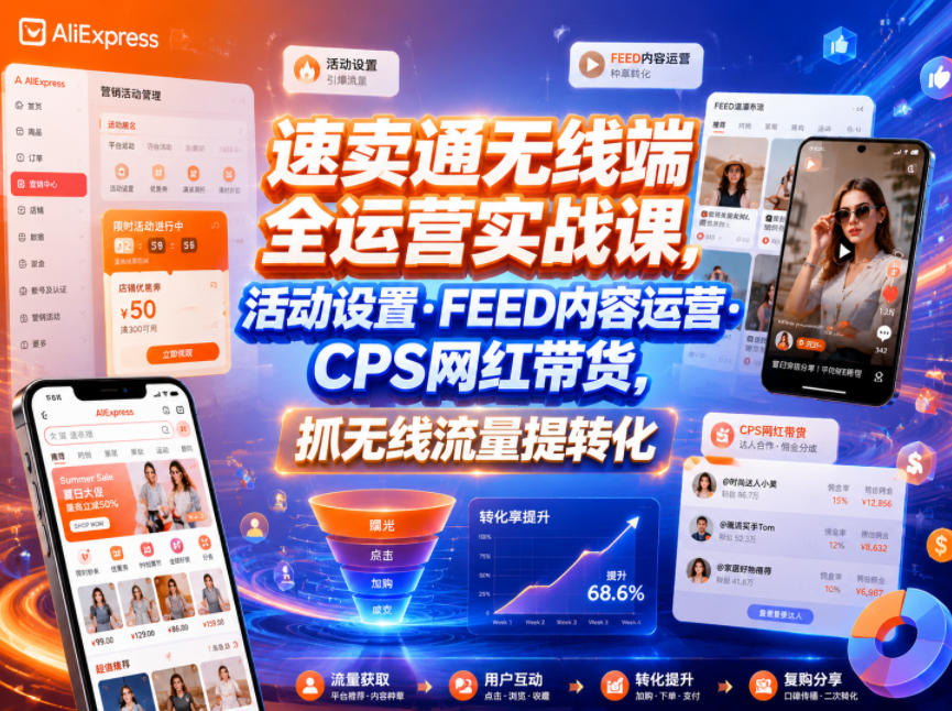 速卖通无线端全运营实战课,活动设置・FEED内容运营・CPS网红带货,抓无线流量提转化-副业网创