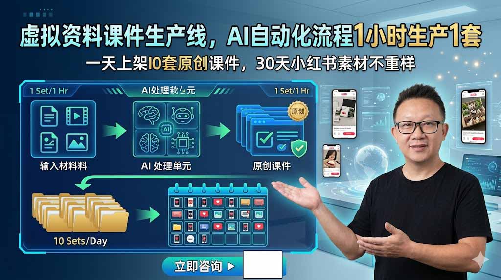 虚拟资料课件生产线，AI自动化流程1小时生产1套，一天上架10套原创课件，30天小红书素材不重样-副业网创