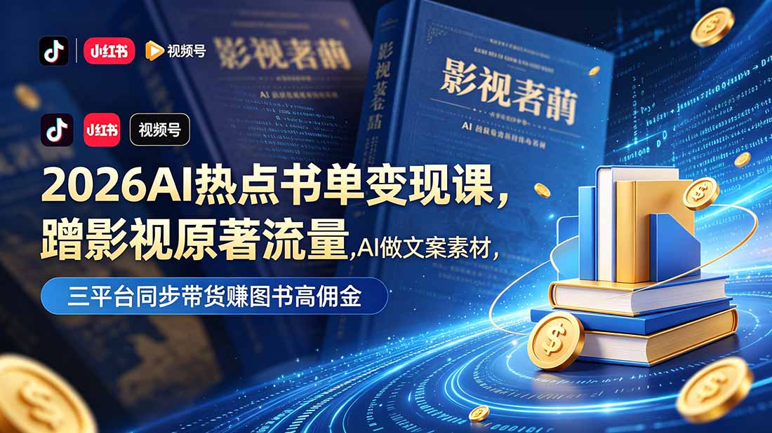 2026AI热点书单变现课，蹭影视原著流量，AI做文案素材，三平台同步带货赚图书高佣金-副业网创