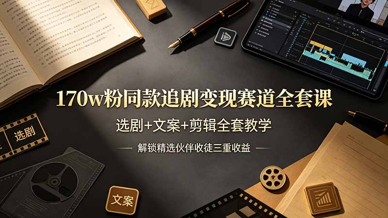 170w粉博主同款追剧变现赛道全套课，选剧+文案+剪辑全套教学，解锁精选伙伴收徒三重收益-副业网创