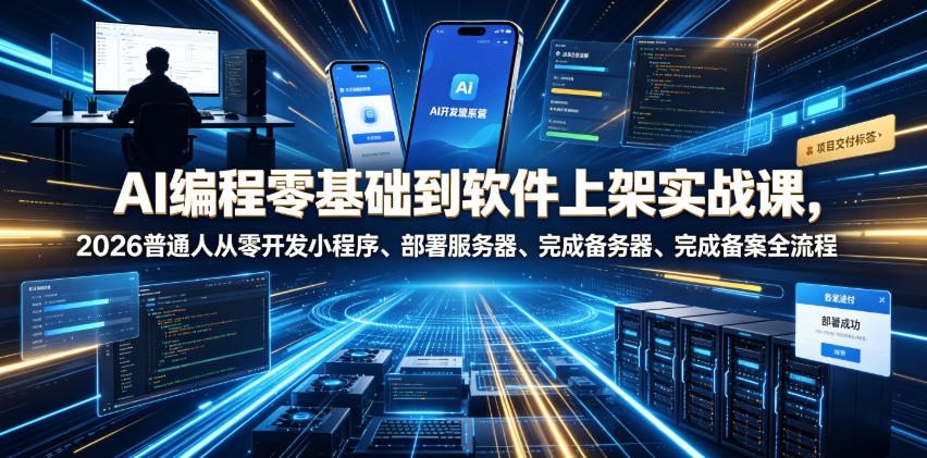 AI编程零基础到软件上架实战课，2026普通人从零开发小程序、部署服务器、完成备案全流程项目落地教程-副业网创