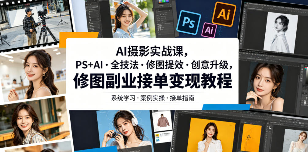 AI摄影实战课,PS+AI・全技法・修图提效・创意升级,修图副业接单变现教程-副业网创