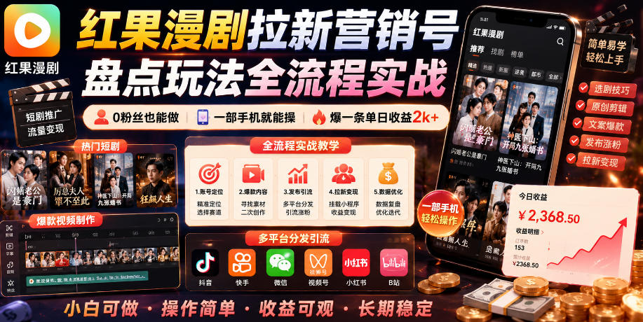 红果漫剧拉新营销号盘点玩法全流程实战，0粉丝也能做，一部手机就能做，爆一条单日收益2k+(更新0628)-副业网创