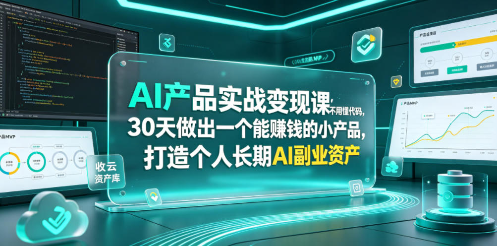AI产品实战变现课，不用懂代码，30天做出一个能賺钱的小产品，打造个人长期AI副业资产-副业网创