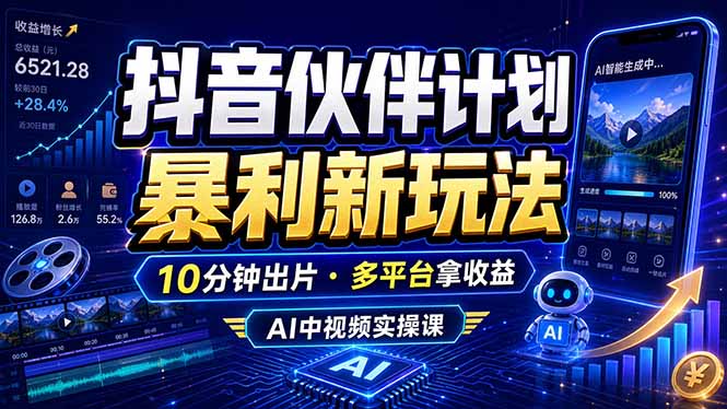 抖音伙伴计划最新玩法，无需配音剪辑，10分钟出一条原创视频，轻松日入三位数-副业网创
