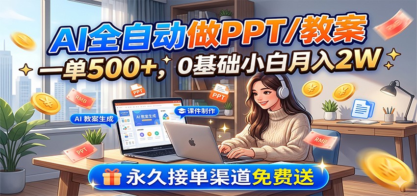 AI全自动做PPT/教案，一单500+，0基础小白月入2W，永久接单渠道免费送-副业网创