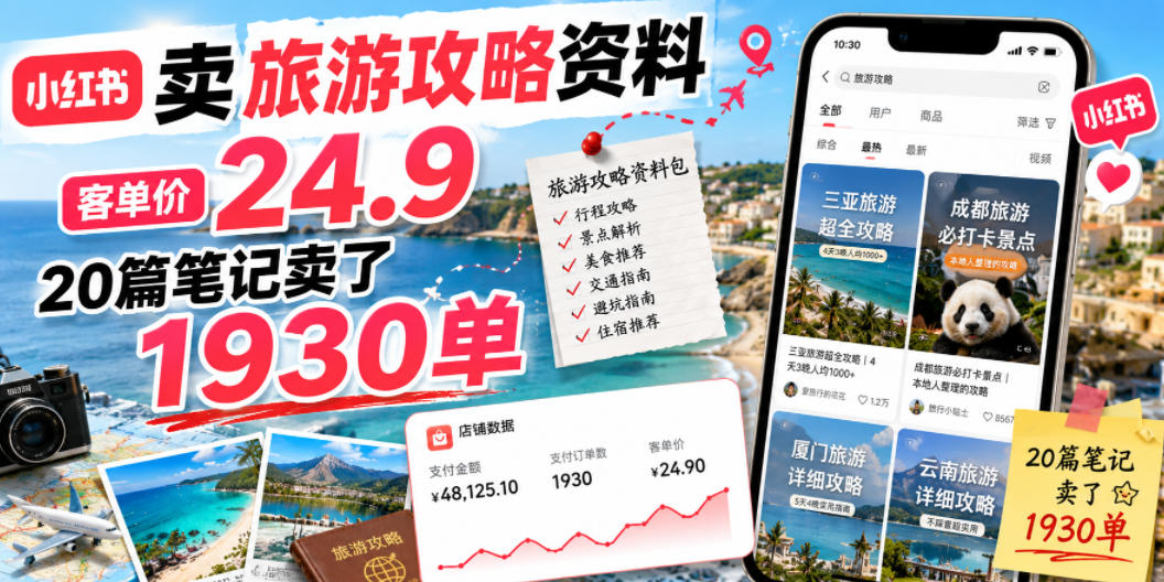 小红书卖旅游攻略资料,客单价24.9,20篇笔记卖了1930单!-副业网创