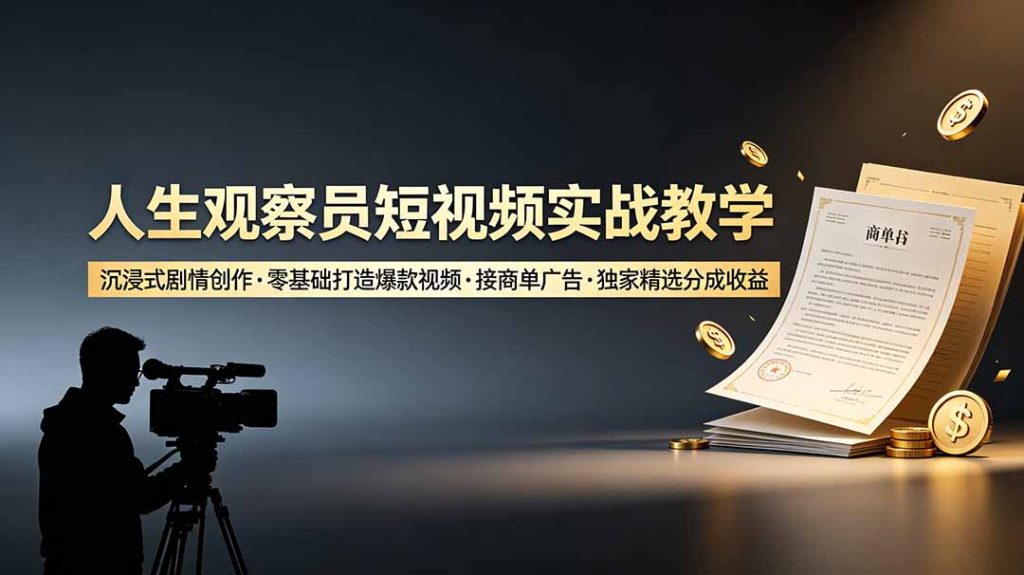 人生观察员短视频实战教学，沉浸式剧情创作，零基础打造爆款视频，接商单广告，独家精选分成收益-副业网创