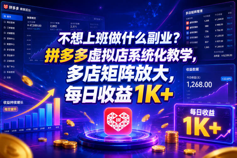 不想上班做什么副业？拼多多虚拟店系统化教学，多店矩阵放大，每日收益1K+【揭秘】-副业网创