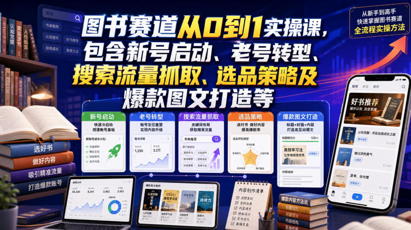图书赛道从0到1实操课，包含新号启动、老号转型、搜索流量抓取、选品策略及爆款图文打造等-副业网创