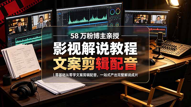 58 万粉博主荧幕春秋亲授影视解说教程|零基础从零学文案剪辑配音,一站式产出完整解说成片-副业网创