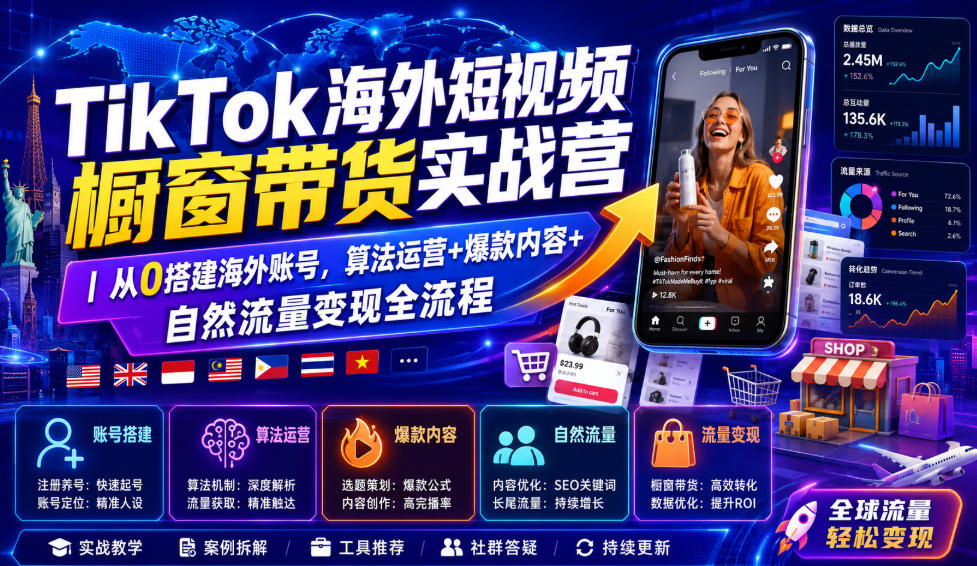 TikTok海外短视频橱窗带货实战营｜从0搭建海外账号，算法运营+爆款内容+自然流量变现全流程-副业网创