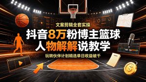 抖音8万粉博主篮球人物解说教学,文案剪辑全套实操,玩转伙伴计划精选单日收益破千-副业网创