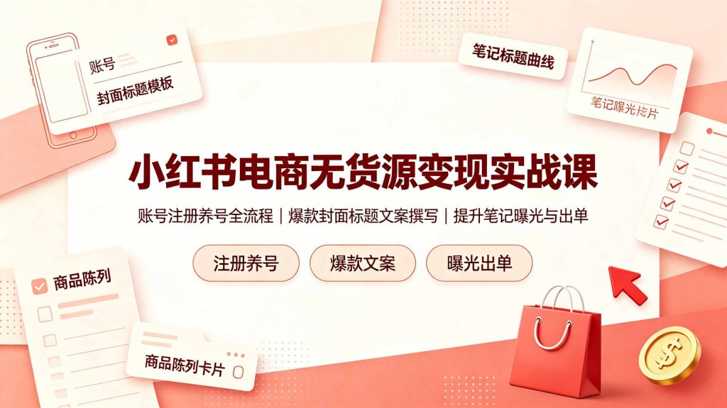 小红书电商无货源变现实战课，账号注册养号全流程，爆款封面标题文案撰写提升笔记曝光与出单-副业网创