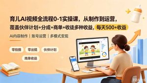 育儿AI视频全流程0-1实操课,从制作到运营,覆盖伙伴计划+分成+商单+收徒多种收益,每天500+收益-副业网创