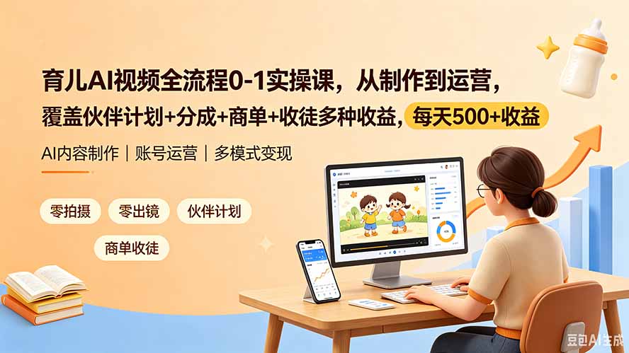 育儿AI视频全流程0-1实操课,从制作到运营,覆盖伙伴计划+分成+商单+收徒多种收益,每天500+收益-副业网创