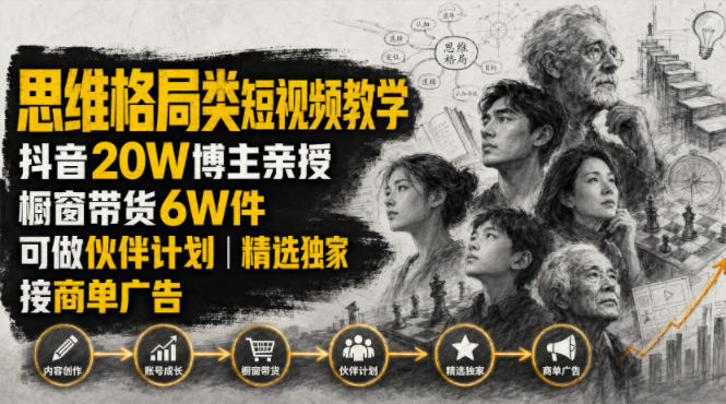 人性思维格局类短视频教学,抖音20W博主亲授,橱窗带货6W件,可做伙伴计划、精选独家、接商单广告-副业网创