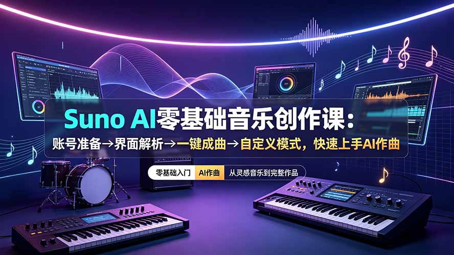 Suno AI零基础音乐创作课：账号准备→界面解析→一键成曲→自定义模式，快速上手AI作曲-副业网创