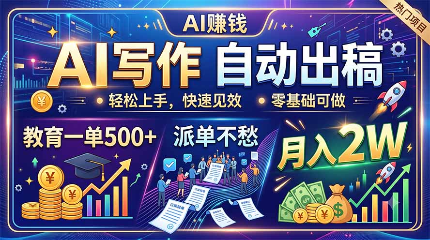 AI写作自动出稿,教育一单500+,派单不愁,月入2W-副业网创