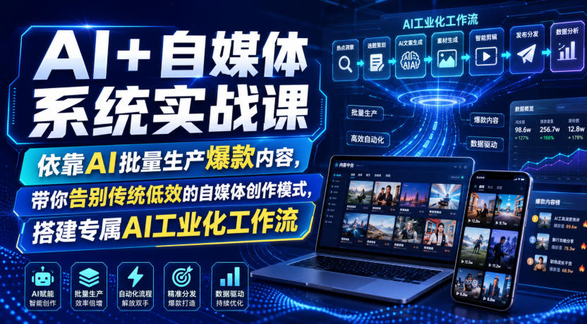 AI+自媒体系统实战课，依靠AI批量生产爆款内容，带你告别传统低效的自媒体创作模式，搭建专属AI工业化工作流-副业网创