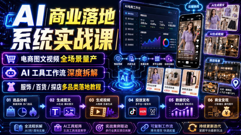 AI商业落地系统实战课｜电商图文视频全场景量产・AI工具工作流深度拆解・服饰/百货/探店多品类落地教程-副业网创