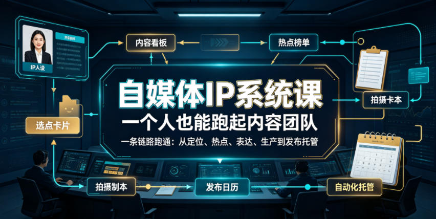 自媒体IP系统课，一个人也能跑起内容团队，一条链路跑通，从定位、热点、表达、生产到发布托管-副业网创