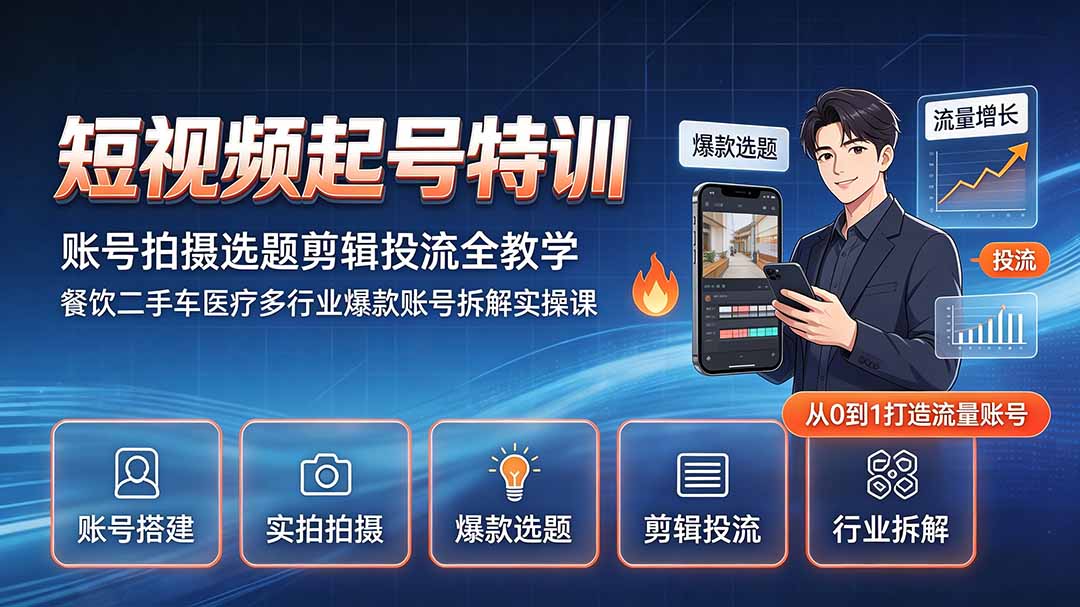 短视频起号特训｜账号拍摄选题剪辑投流全教学，餐饮二手车医疗多行业爆款账号拆解实操课-副业网创