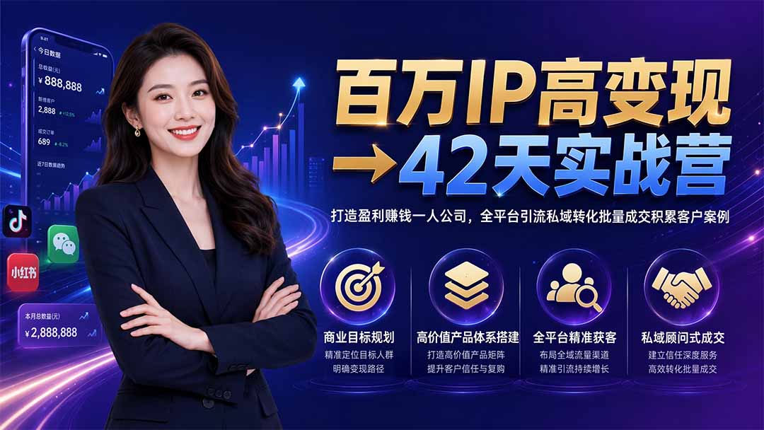 百万IP高变现→42天实战营｜打造盈利赚钱一人公司，全平台引流私域转化批量成交积累客户案例-副业网创