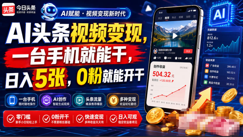 AI头条视频变现，一台手机就能干，日入5张，0粉就能开干-副业网创