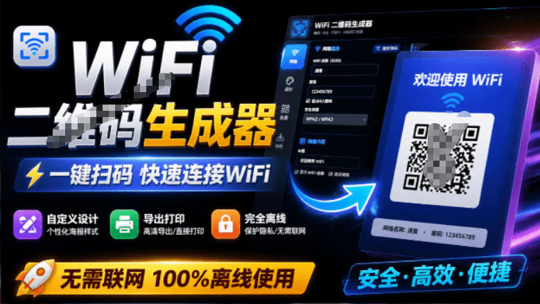 完全离线使用!WiFi二维码生成器,一键扫码快速连接WiFi,支持自定义风格导出WiFi二维码生成器-副业网创