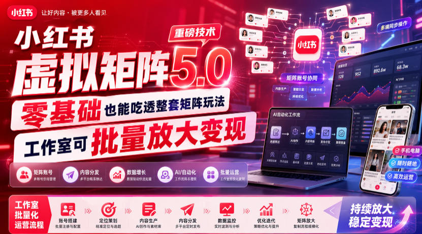 小红书虚拟矩阵5.0重磅技术，零基础也能吃透整套矩阵玩法，工作室可批量放大变现-副业网创