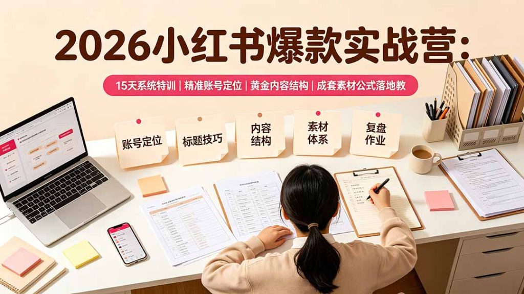 2026小红书爆款实战营：15天系统特训｜精准账号定位｜黄金内容结构｜成套素材公式落地教程-副业网创