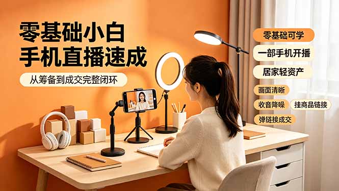 零基础小白手机直播速成,从筹备到成交完整闭环,适配苹果安卓系统,解决杂音卡顿留人难问题-副业网创