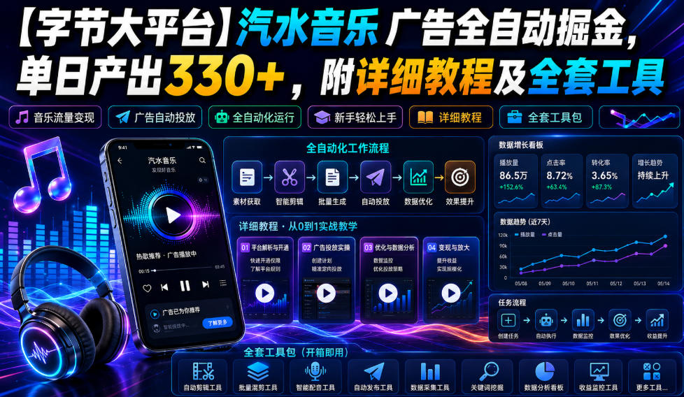 【字节大平台】汽水音乐广告全自动掘金，单日产出330+，附详细教程及全套工具【揭秘】-副业网创