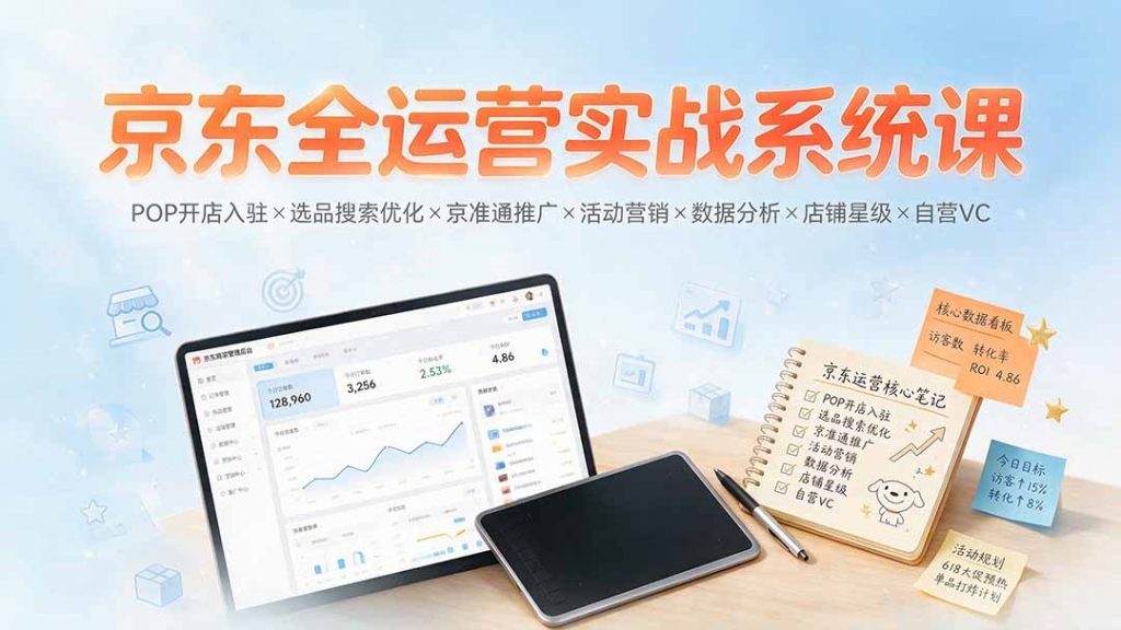京东全运营实战系统课：POP开店入驻×选品搜索优化×京准通推广×活动营销×数据分析×店铺星级×自营VC-副业网创