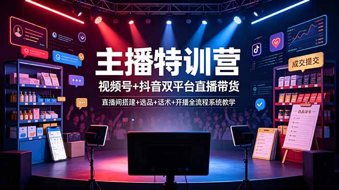 主播特训营：视频号+抖音双平台直播带货，直播间搭建+选品+话术+开播全流程系统教学-副业网创