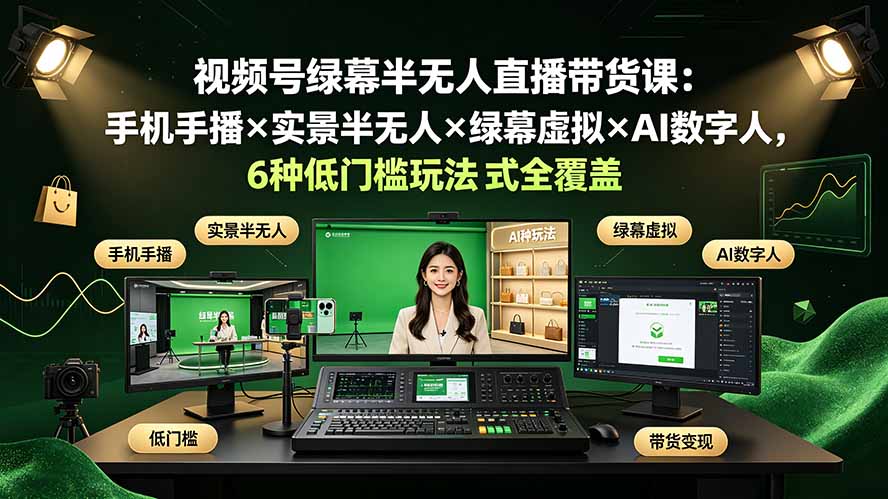 视频号绿幕半无人直播带货课：手机手播×实景半无人×绿幕虚拟×AI数字人，6种低门槛玩法全覆盖-副业网创