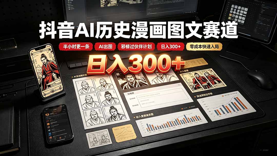 抖音AI历史漫画图文赛道:半小时更一条×AI出图×邪修过伙伴计划×日入300+,零成本快速入局-副业网创