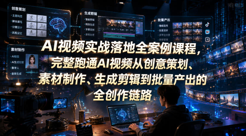 AI视频实战落地全案例课程，完整跑通AI视频从创意策划、素材制作、生成剪辑到批量产出的全创作链路-副业网创