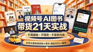 视频号AI图书带货21天实战:不用露脸×不囤货×不发愁内容,AI写文案做视频挂小黄车,佣金50%+爆单-副业网创